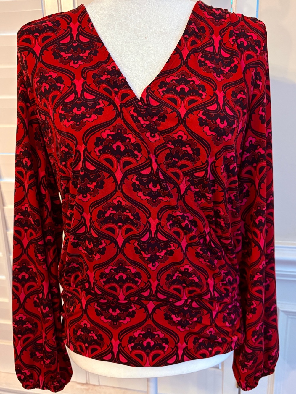 White House Black Market Red and Black Printed Faux-Wrap Blouse